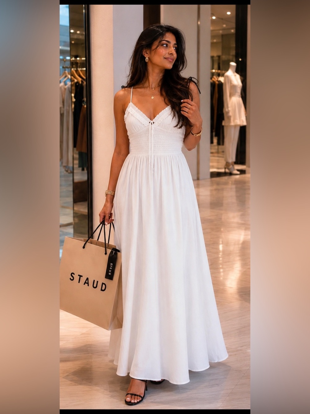 Japna White Maxi Dress with Smocked Bodice and Spaghetti Straps